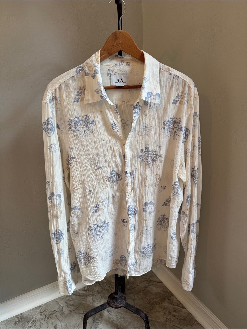 A/X Armani Exchange Cream Long-Sleeve Button-Down with Blue Medallion Print.